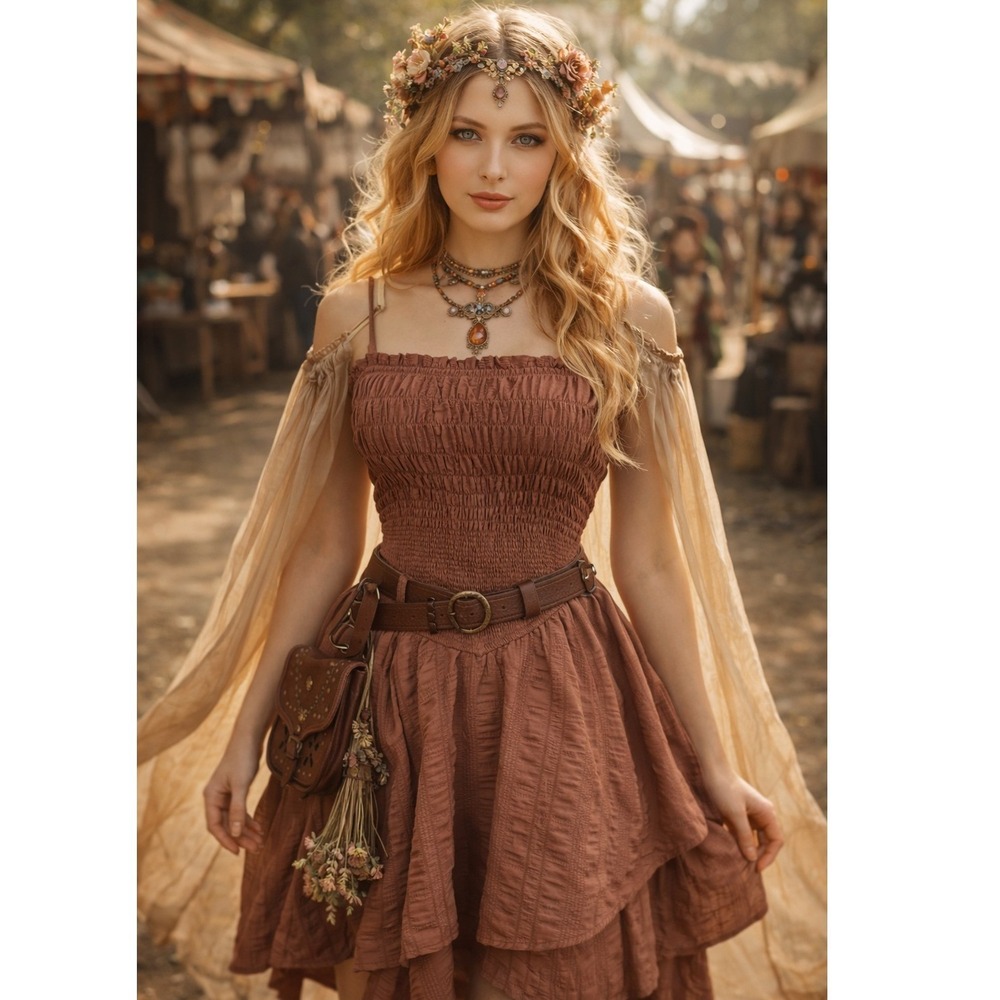Wild Fable Smocked Basque Textured Renaissance Faire Mini Dress Brown S